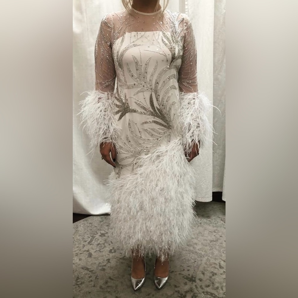 ASOS Elegant Silver Beaded White Feathered Women's Dress - Picture 3 of 10